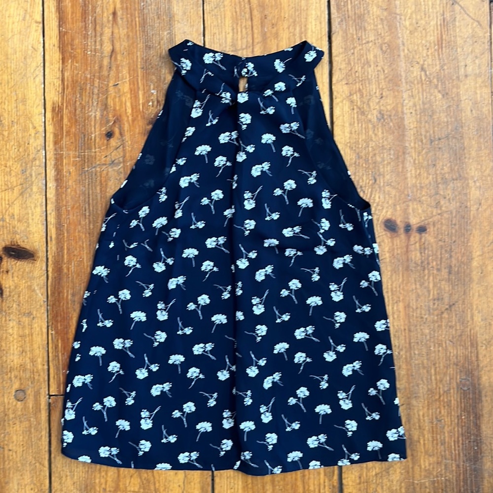 Navy Tank Top Blouse With White Flowers